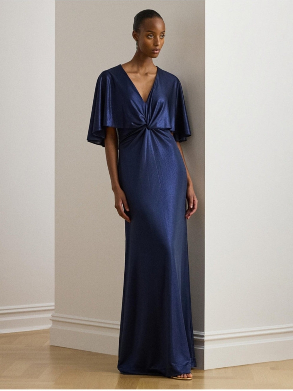 Ralph Lauren Women's Metallic Jersey Front Twist Cape Gown Size 4 NWT